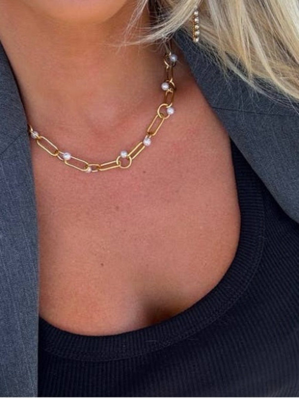 Gold Link Necklace with Pearl Accents - Women Jewelry